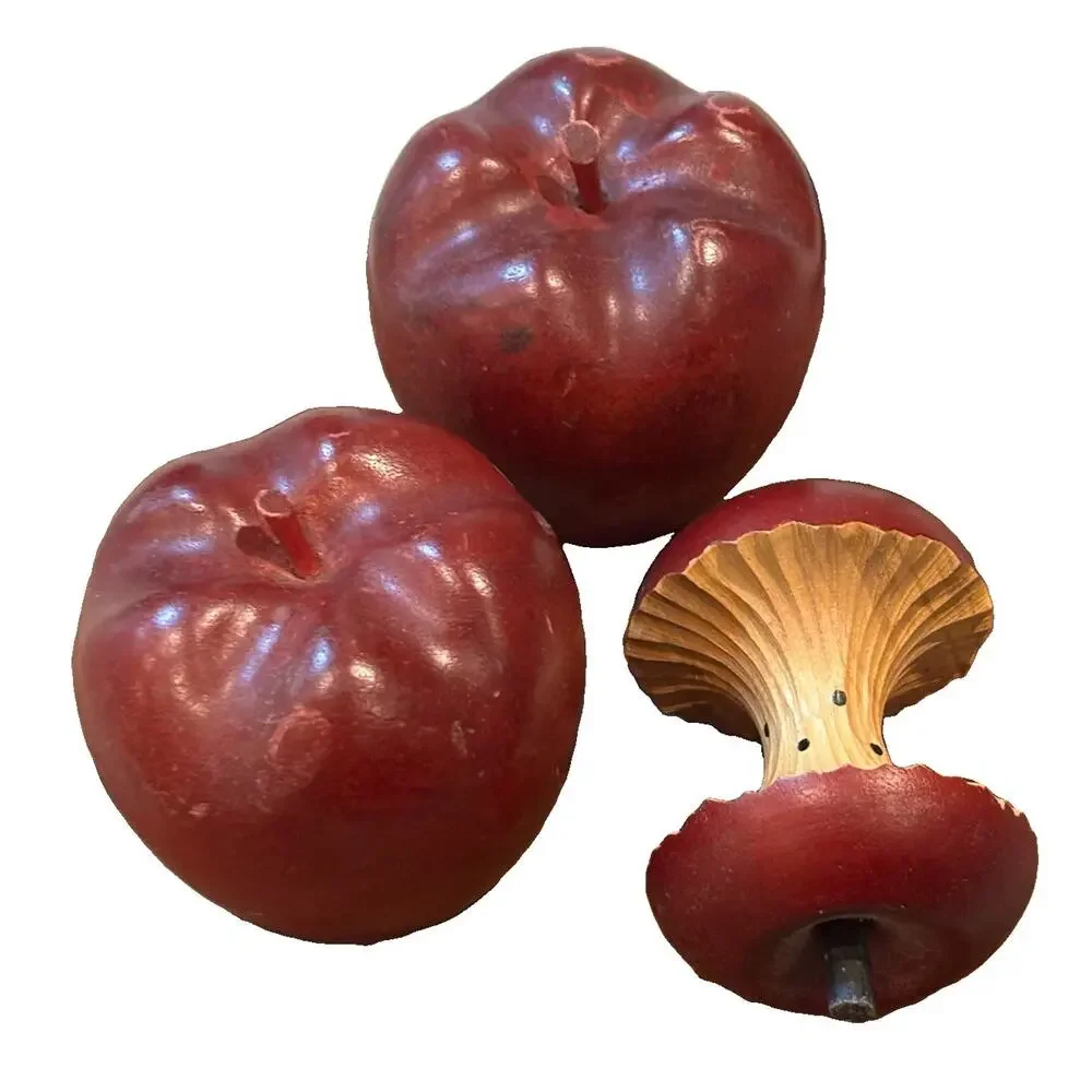 Vintage Hand Carved Red Wooden Apple Fruit Decor Set of 3-2 Whole 1 Apple Core